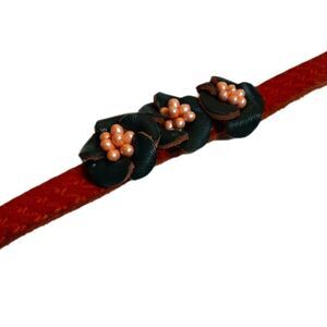 Vintage Bracelet Boho Tooled Leather And Pearl Flowers ‎ 7.5-8.5"